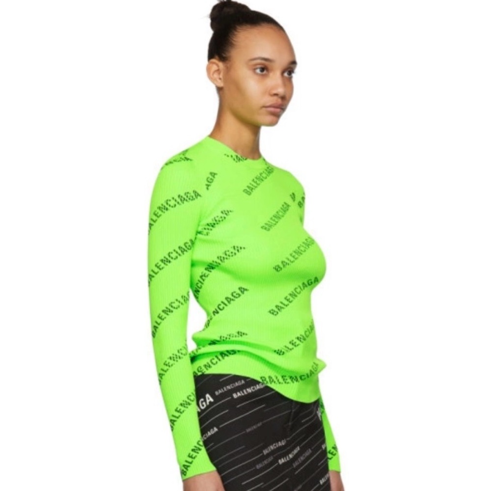 BALENCIAGA Allover Logo Ribbed-Knit Crewneck Pullover in Electric Green